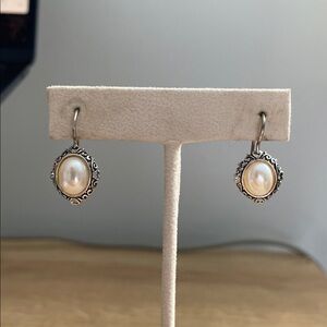 Vintage Pearl Sterling Silver 925 Scroll Leverback Earrings